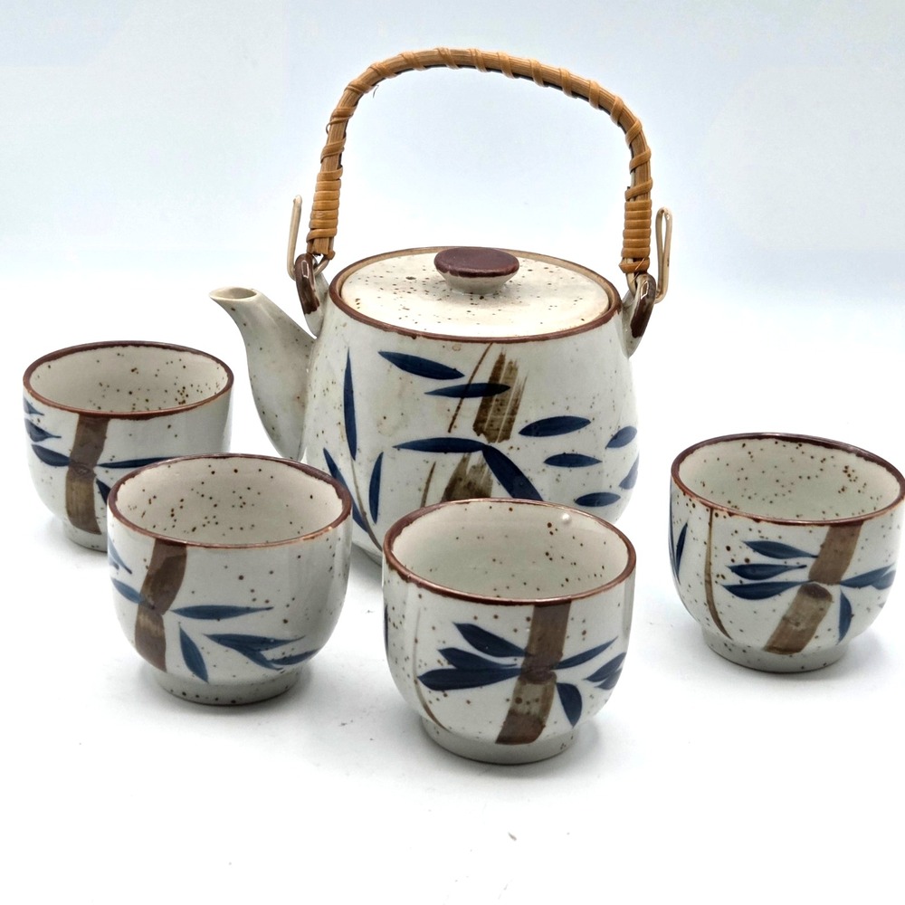 Enesco Japan Ceramic Teapot with 4 Cups Bamboo Design and Bamboo Handle Vintage